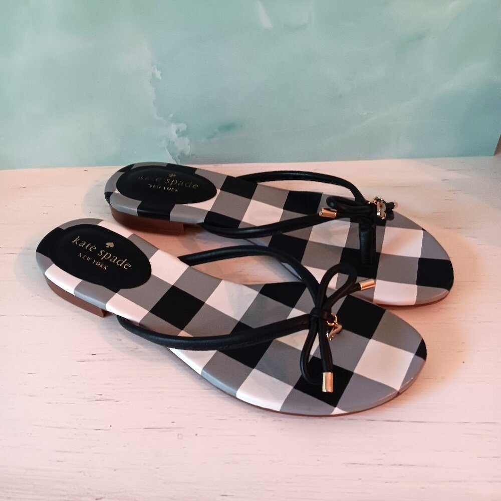 EUC ~ KATE SPADE NY BLACK MYSTIC GINGHAM BLACK/WHITE/GRAY BOW THONG SANDAL SZ 8